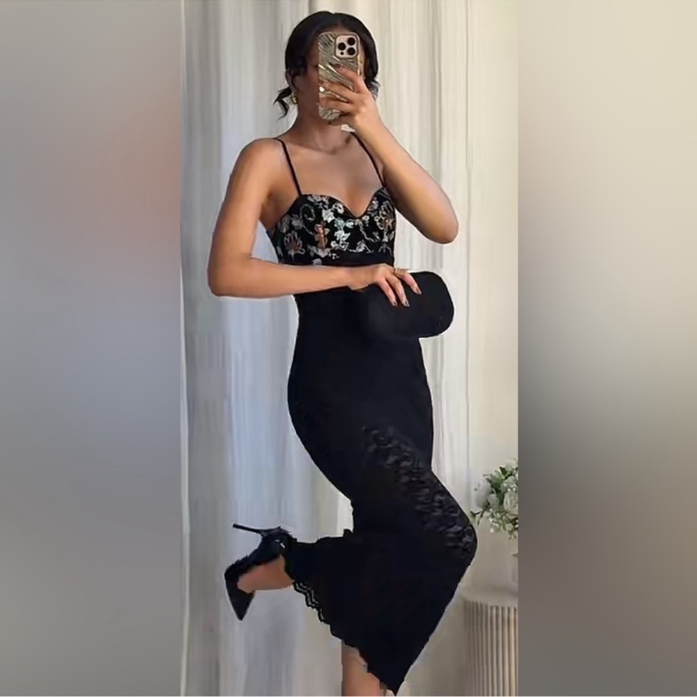 Zara Elegant Black Embroidered Dress
